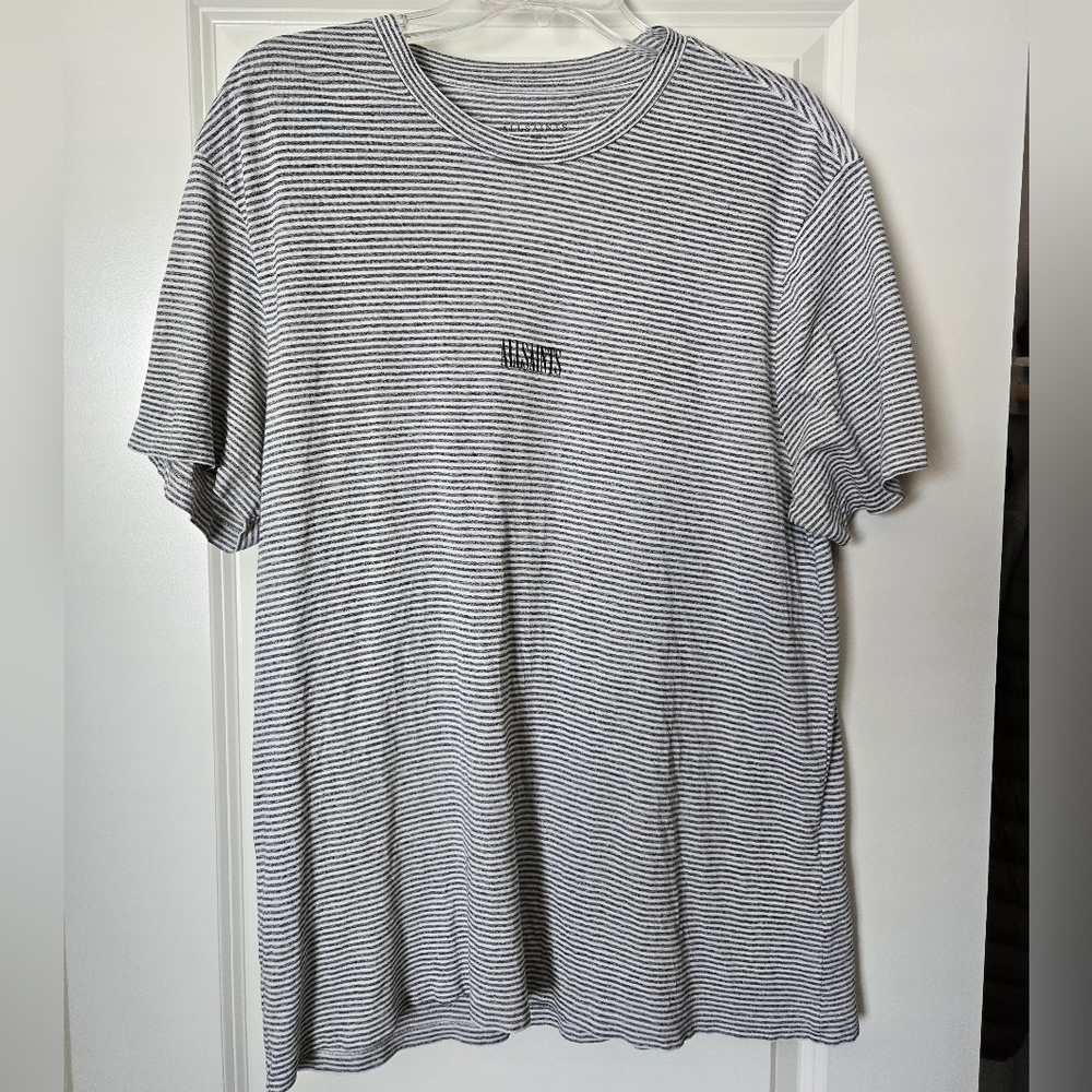 All Saints Striped Casual T Shirt Size Large Grey White Striped Tee